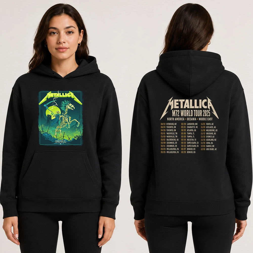 Metallica M72 World Tour June 14 2025 NRG Stadium Houston Texas United States 2 side T-shirt by Vance Kelly featuring a skeletal rider on a bone horse, skull-tipped scythe, glowing moon, lightning, skulls, swords and M72 tour back print.