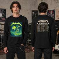 Metallica M72 World Tour June 14 2025 NRG Stadium Houston Texas United States 2 side T-shirt by Vance Kelly featuring a skeletal rider on a bone horse, skull-tipped scythe, glowing moon, lightning, skulls, swords and M72 tour back print.
