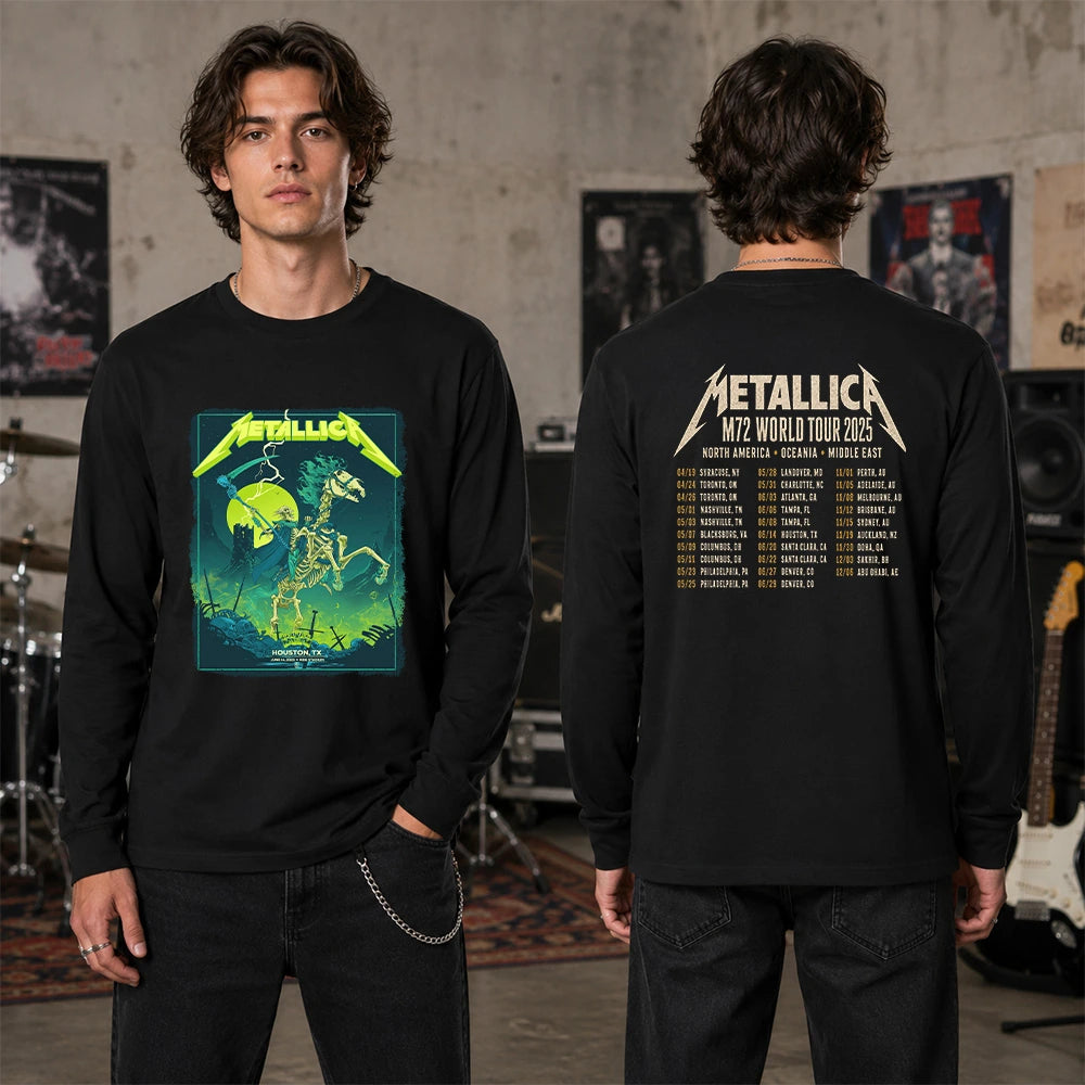 Metallica M72 World Tour June 14 2025 NRG Stadium Houston Texas United States 2 side T-shirt by Vance Kelly featuring a skeletal rider on a bone horse, skull-tipped scythe, glowing moon, lightning, skulls, swords and M72 tour back print.