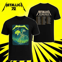 Metallica M72 World Tour June 14 2025 NRG Stadium Houston Texas United States 2 side T-shirt by Vance Kelly featuring a skeletal rider on a bone horse, skull-tipped scythe, glowing moon, lightning, skulls, swords and M72 tour back print.