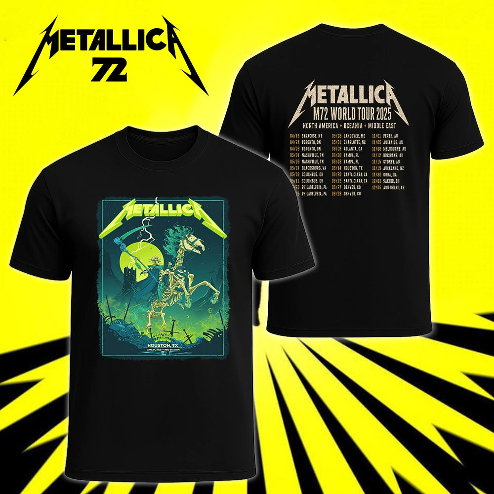 Metallica M72 World Tour June 14 2025 NRG Stadium Houston Texas United States 2 side T-shirt by Vance Kelly featuring a skeletal rider on a bone horse, skull-tipped scythe, glowing moon, lightning, skulls, swords and M72 tour back print.