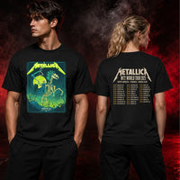 Metallica M72 World Tour June 14 2025 NRG Stadium Houston Texas United States 2 side T-shirt by Vance Kelly featuring a skeletal rider on a bone horse, skull-tipped scythe, glowing moon, lightning, skulls, swords and M72 tour back print.