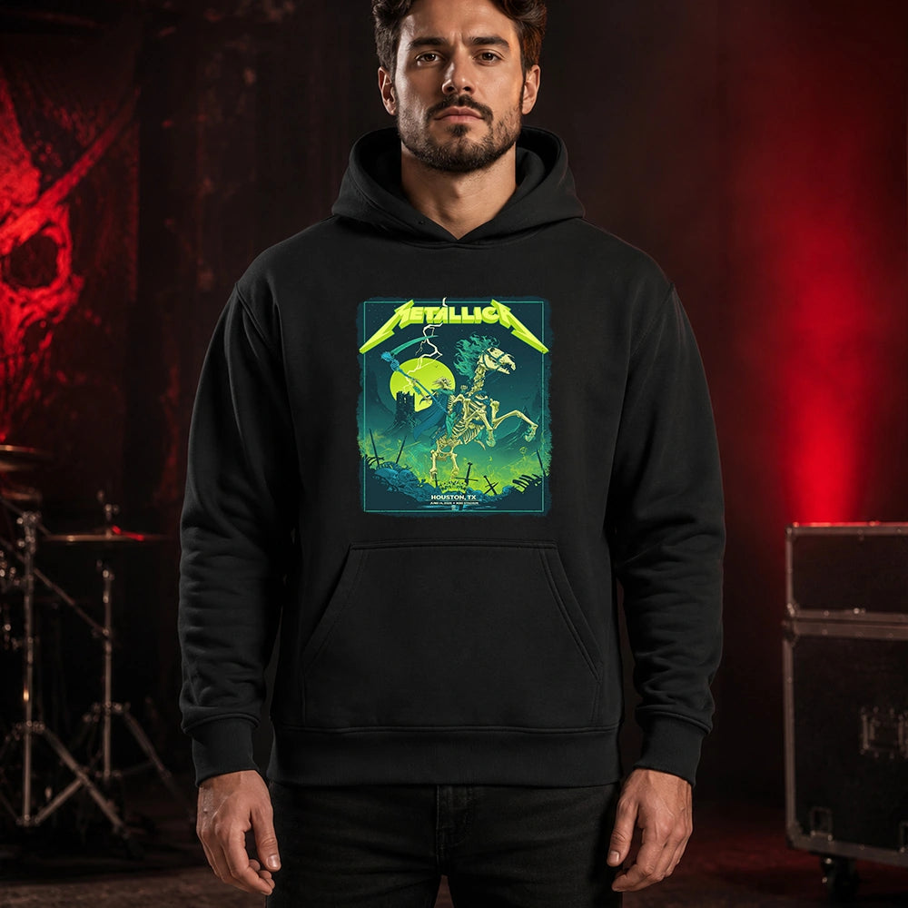 Metallica M72 World Tour June 14 2025 NRG Stadium Houston Texas United States T-shirt by Vance Kelly featuring a skeletal rider on a bone horse, skull-tipped scythe, glowing moon, lightning, skulls, swords and Houston event text.
