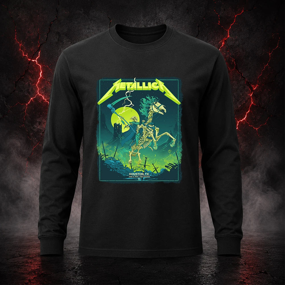 Metallica M72 World Tour June 14 2025 NRG Stadium Houston Texas United States T-shirt by Vance Kelly featuring a skeletal rider on a bone horse, skull-tipped scythe, glowing moon, lightning, skulls, swords and Houston event text.