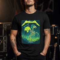 Metallica M72 World Tour June 14 2025 NRG Stadium Houston Texas United States T-shirt by Vance Kelly featuring a skeletal rider on a bone horse, skull-tipped scythe, glowing moon, lightning, skulls, swords and Houston event text.