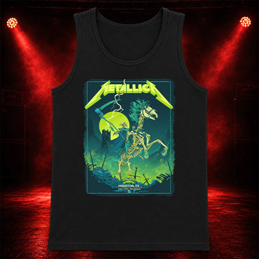 Metallica M72 World Tour June 14 2025 NRG Stadium Houston Texas United States T-shirt by Vance Kelly featuring a skeletal rider on a bone horse, skull-tipped scythe, glowing moon, lightning, skulls, swords and Houston event text.