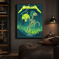 Metallica M72 World Tour June 14 2025 NRG Stadium Houston Texas United States poster canvas featuring a skeletal rider on a bone horse, a skull-tipped scythe, glowing moon, lightning, skulls, swords and Houston event text.