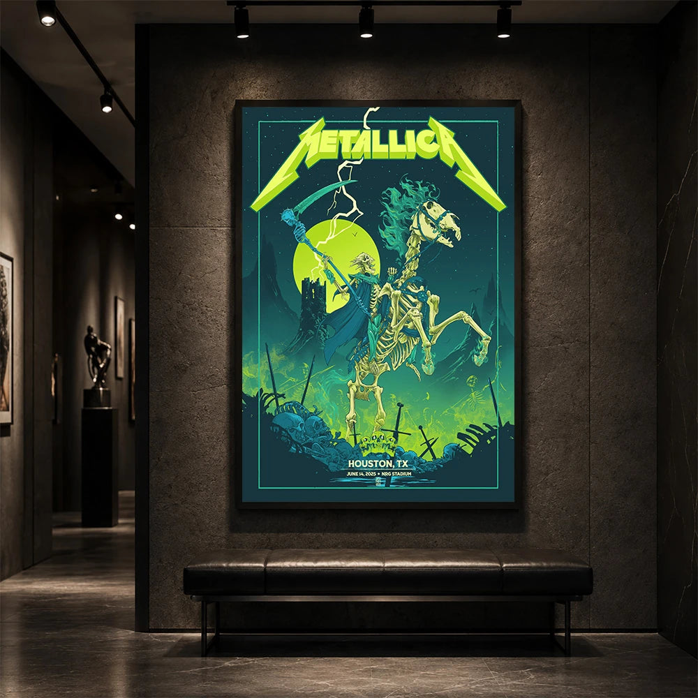 Metallica M72 World Tour June 14 2025 NRG Stadium Houston Texas United States poster canvas featuring a skeletal rider on a bone horse, a skull-tipped scythe, glowing moon, lightning, skulls, swords and Houston event text.
