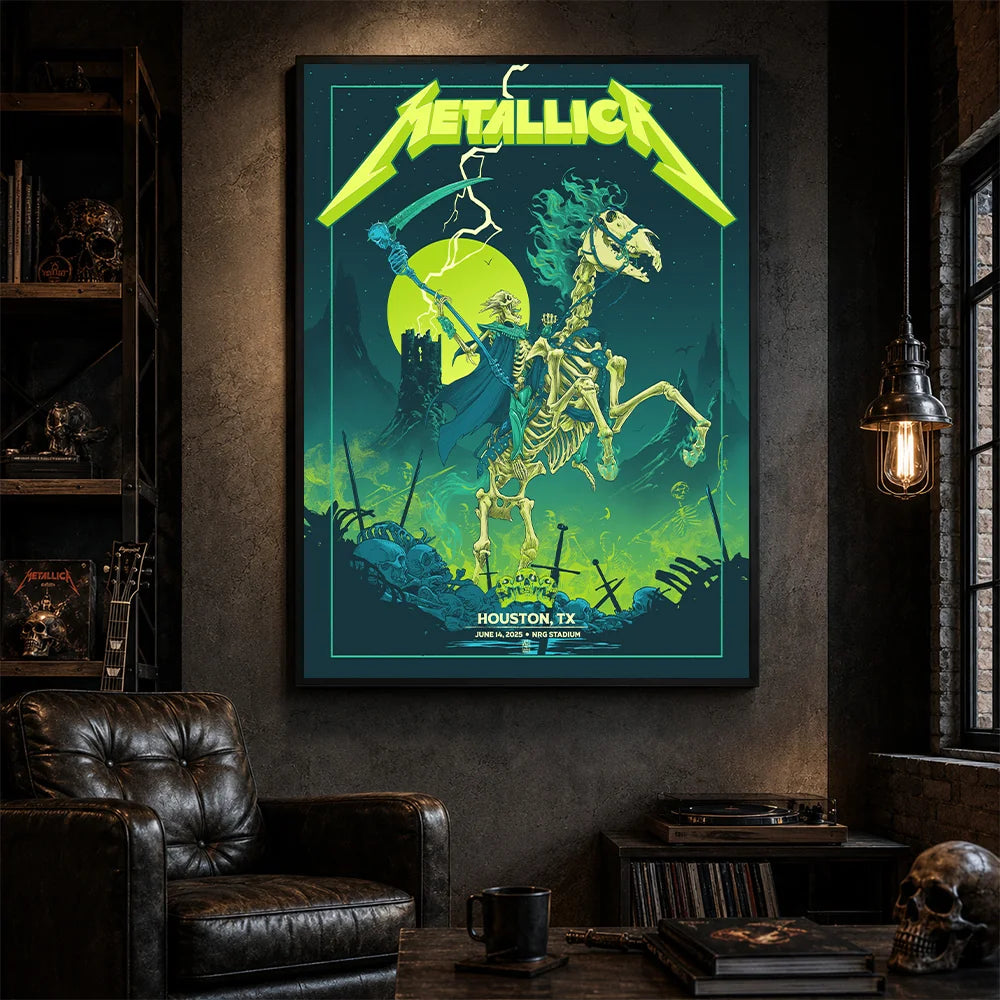 Metallica M72 World Tour June 14 2025 NRG Stadium Houston Texas United States poster canvas featuring a skeletal rider on a bone horse, a skull-tipped scythe, glowing moon, lightning, skulls, swords and Houston event text.