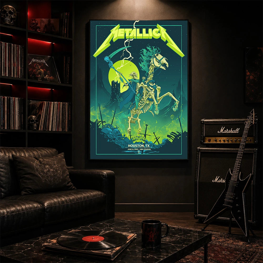 Metallica M72 World Tour June 14 2025 NRG Stadium Houston Texas United States poster canvas featuring a skeletal rider on a bone horse, a skull-tipped scythe, glowing moon, lightning, skulls, swords and Houston event text.