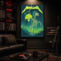 Metallica M72 World Tour June 14 2025 NRG Stadium Houston Texas United States poster canvas featuring a skeletal rider on a bone horse, a skull-tipped scythe, glowing moon, lightning, skulls, swords and Houston event text.