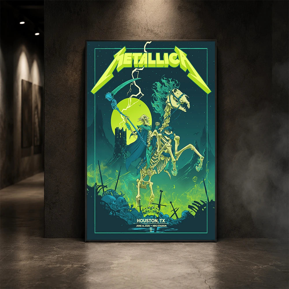 Metallica M72 World Tour June 14 2025 NRG Stadium Houston Texas United States poster canvas featuring a skeletal rider on a bone horse, a skull-tipped scythe, glowing moon, lightning, skulls, swords and Houston event text.