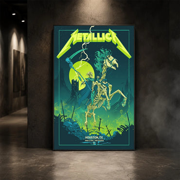 Metallica M72 World Tour June 14 2025 NRG Stadium Houston Texas United States poster canvas featuring a skeletal rider on a bone horse, a skull-tipped scythe, glowing moon, lightning, skulls, swords and Houston event text.