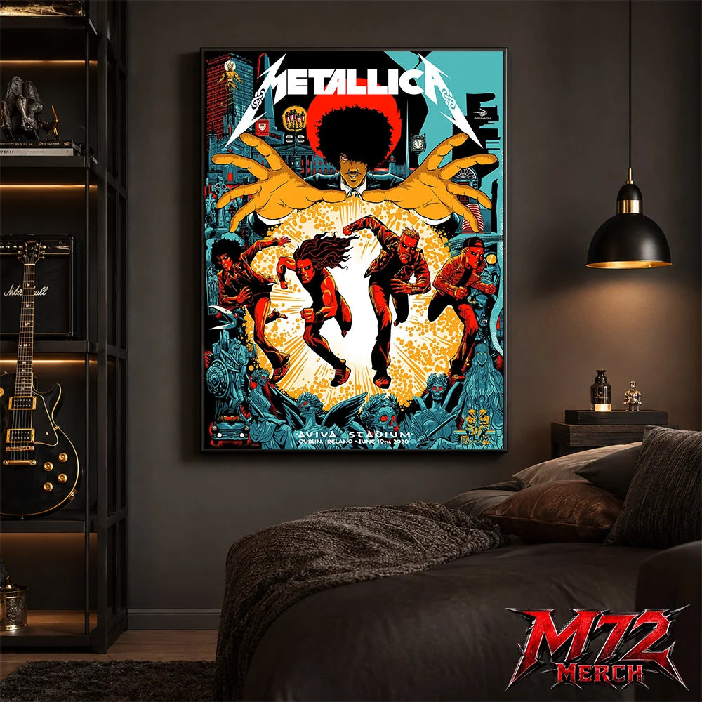 Metallica M72 World Tour June 19 2026 Dublin Ireland Aviva Stadium poster canvas featuring Chase Scene Artwork with running band figures, mysterious hands, Dublin city details, statues, gothic characters, and explosive orange energy