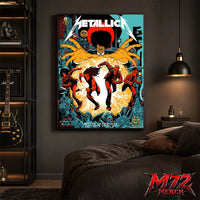 Metallica M72 World Tour June 19 2026 Dublin Ireland Aviva Stadium poster canvas featuring Chase Scene Artwork with running band figures, mysterious hands, Dublin city details, statues, gothic characters, and explosive orange energy