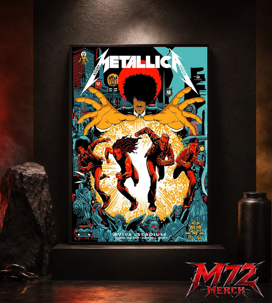 Metallica M72 World Tour June 19 2026 Dublin Ireland Aviva Stadium poster canvas featuring Chase Scene Artwork with running band figures, mysterious hands, Dublin city details, statues, gothic characters, and explosive orange energy