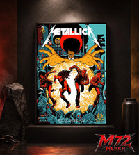 Metallica M72 World Tour June 19 2026 Dublin Ireland Aviva Stadium poster canvas featuring Chase Scene Artwork with running band figures, mysterious hands, Dublin city details, statues, gothic characters, and explosive orange energy