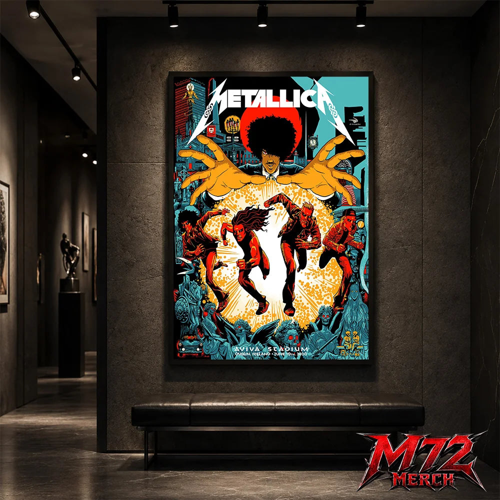 Metallica M72 World Tour June 19 2026 Dublin Ireland Aviva Stadium poster canvas featuring Chase Scene Artwork with running band figures, mysterious hands, Dublin city details, statues, gothic characters, and explosive orange energy