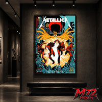 Metallica M72 World Tour June 19 2026 Dublin Ireland Aviva Stadium poster canvas featuring Chase Scene Artwork with running band figures, mysterious hands, Dublin city details, statues, gothic characters, and explosive orange energy