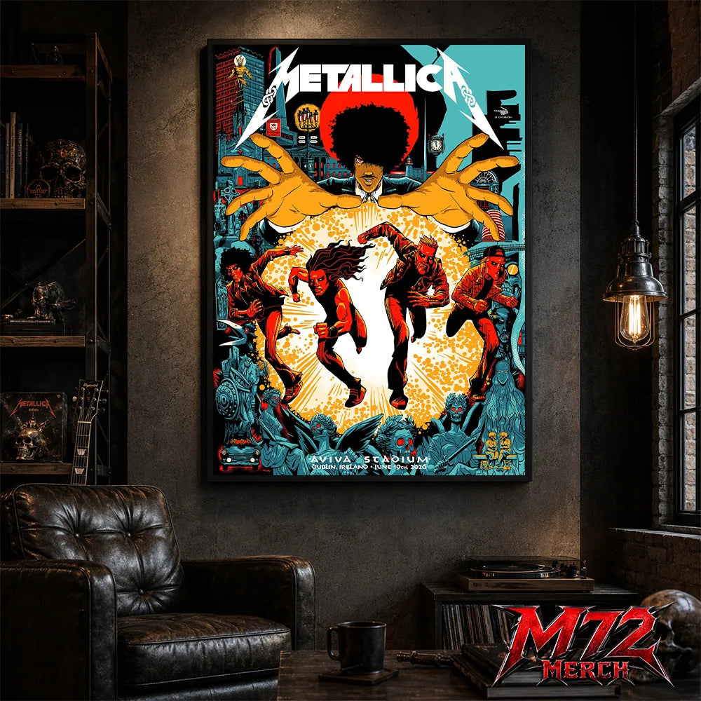 Metallica M72 World Tour June 19 2026 Dublin Ireland Aviva Stadium poster canvas featuring Chase Scene Artwork with running band figures, mysterious hands, Dublin city details, statues, gothic characters, and explosive orange energy