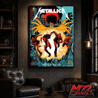 Metallica M72 World Tour June 19 2026 Dublin Ireland Aviva Stadium poster canvas featuring Chase Scene Artwork with running band figures, mysterious hands, Dublin city details, statues, gothic characters, and explosive orange energy