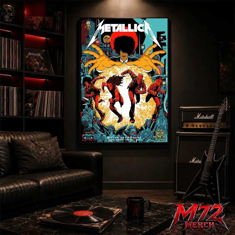 Metallica M72 World Tour June 19 2026 Dublin Ireland Aviva Stadium poster canvas featuring Chase Scene Artwork with running band figures, mysterious hands, Dublin city details, statues, gothic characters, and explosive orange energy