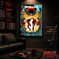 Metallica M72 World Tour June 19 2026 Dublin Ireland Aviva Stadium poster canvas featuring Chase Scene Artwork with running band figures, mysterious hands, Dublin city details, statues, gothic characters, and explosive orange energy