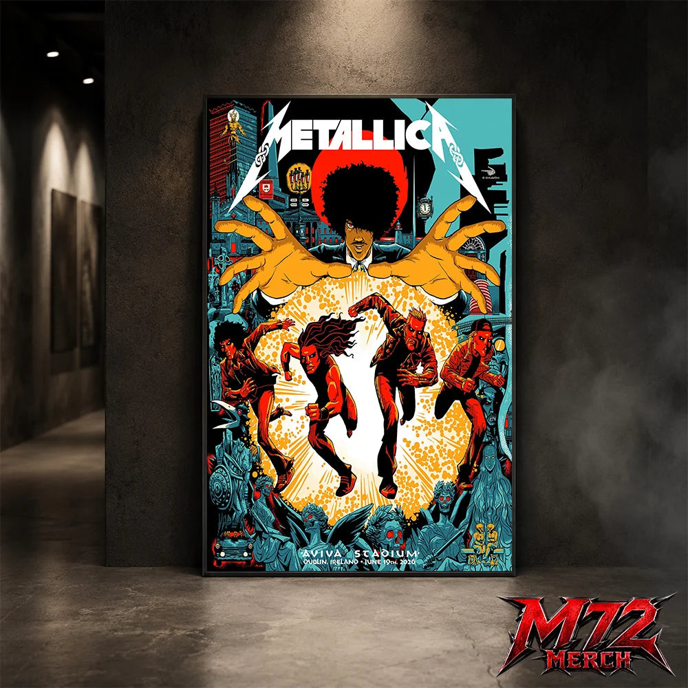 Metallica M72 World Tour June 19 2026 Dublin Ireland Aviva Stadium poster canvas featuring Chase Scene Artwork with running band figures, mysterious hands, Dublin city details, statues, gothic characters, and explosive orange energy