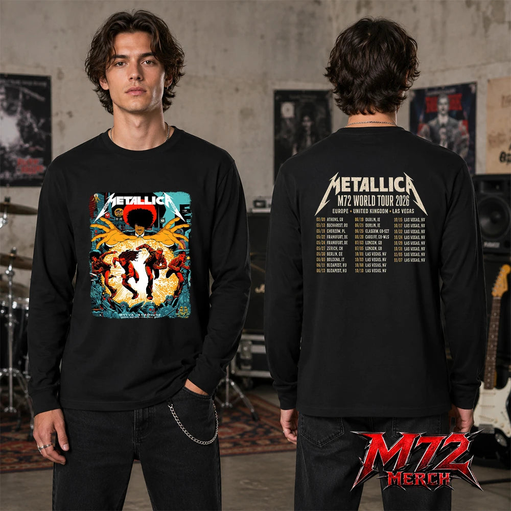 Metallica M72 World Tour June 19 2026 Dublin Ireland Aviva Stadium two sided Long Sleeve featuring Chase Scene Artwork with running band figures, mysterious hands, Dublin city details, statues, gothic characters, and explosive orange energy