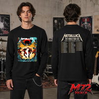 Metallica M72 World Tour June 19 2026 Dublin Ireland Aviva Stadium two sided Long Sleeve featuring Chase Scene Artwork with running band figures, mysterious hands, Dublin city details, statues, gothic characters, and explosive orange energy
