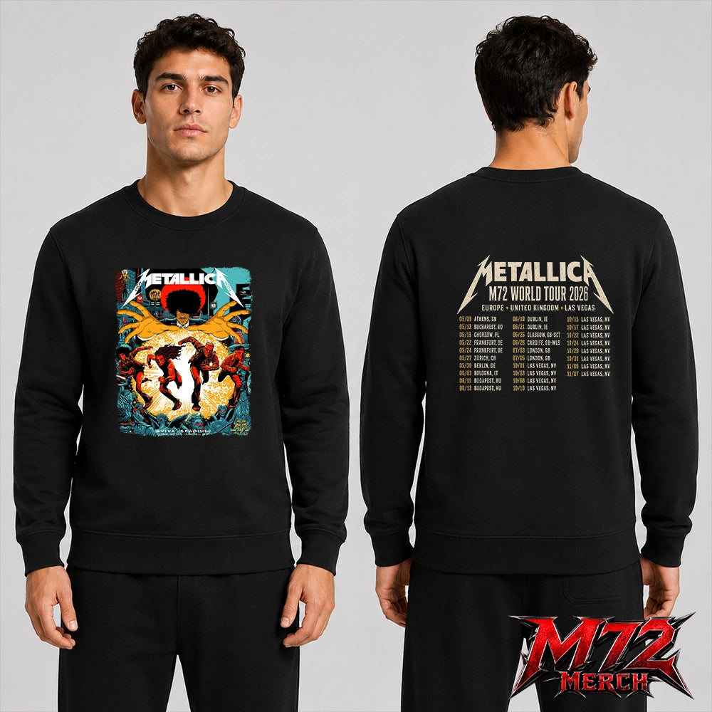 Metallica M72 World Tour June 19 2026 Dublin Ireland Aviva Stadium two sided Sweatshirt featuring Chase Scene Artwork with running band figures, mysterious hands, Dublin city details, statues, gothic characters, and explosive orange energy