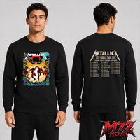 Metallica M72 World Tour June 19 2026 Dublin Ireland Aviva Stadium two sided Sweatshirt featuring Chase Scene Artwork with running band figures, mysterious hands, Dublin city details, statues, gothic characters, and explosive orange energy