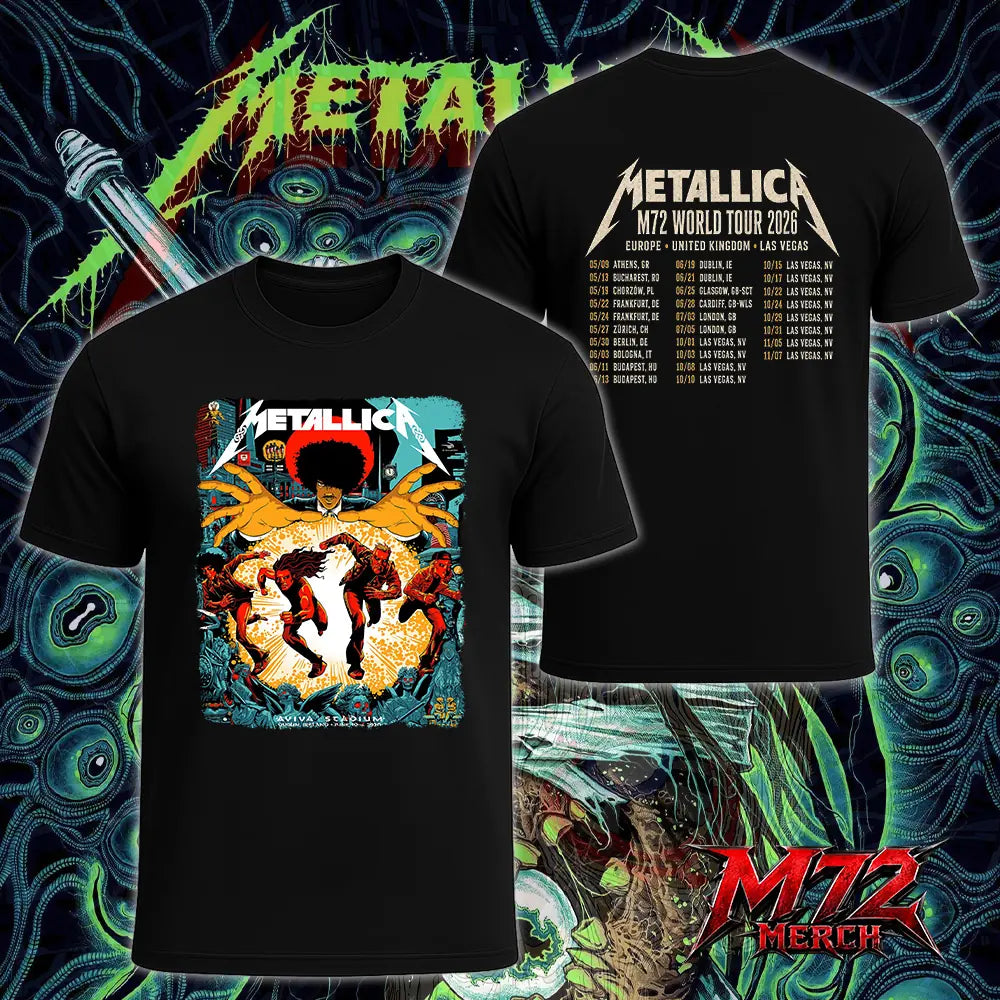 Metallica M72 World Tour June 19 2026 Dublin Ireland Aviva Stadium two sided T-Shirt featuring Chase Scene Artwork with running band figures, mysterious hands, Dublin city details, statues, gothic characters, and explosive orange energy