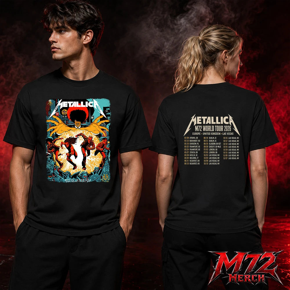 Metallica M72 World Tour June 19 2026 Dublin Ireland Aviva Stadium two sided T-Shirt featuring Chase Scene Artwork with running band figures, mysterious hands, Dublin city details, statues, gothic characters, and explosive orange energy