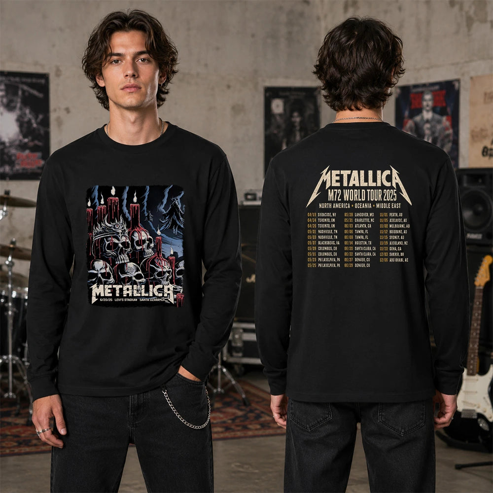Metallica M72 World Tour June 20 2025 Levi's Stadium Santa Clara California United States 2 side T-shirt by Brandon Heart featuring skulls, melting red candles, a horned skull altar, ghostly cloaked figures, dark smoke and M72 tour back print.