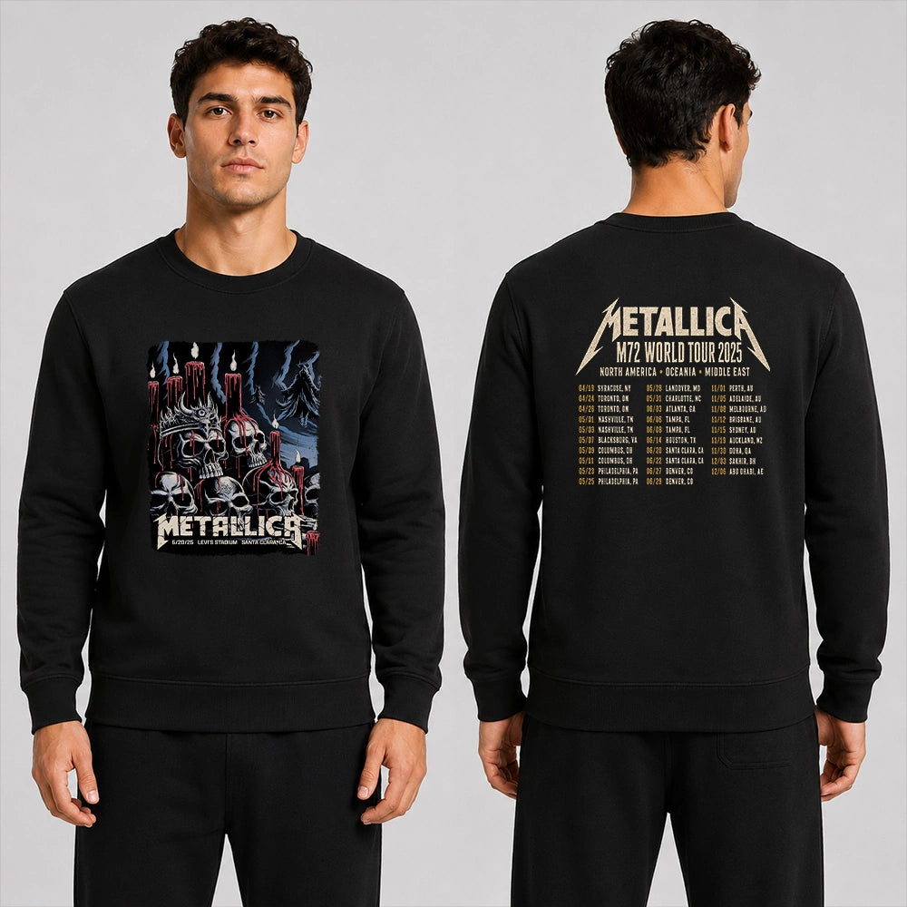 Metallica M72 World Tour June 20 2025 Levi's Stadium Santa Clara California United States 2 side T-shirt by Brandon Heart featuring skulls, melting red candles, a horned skull altar, ghostly cloaked figures, dark smoke and M72 tour back print.