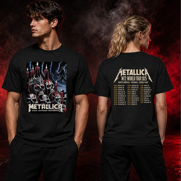 Metallica M72 World Tour June 20 2025 Levi's Stadium Santa Clara California United States 2 side T-shirt by Brandon Heart featuring skulls, melting red candles, a horned skull altar, ghostly cloaked figures, dark smoke and M72 tour back print.