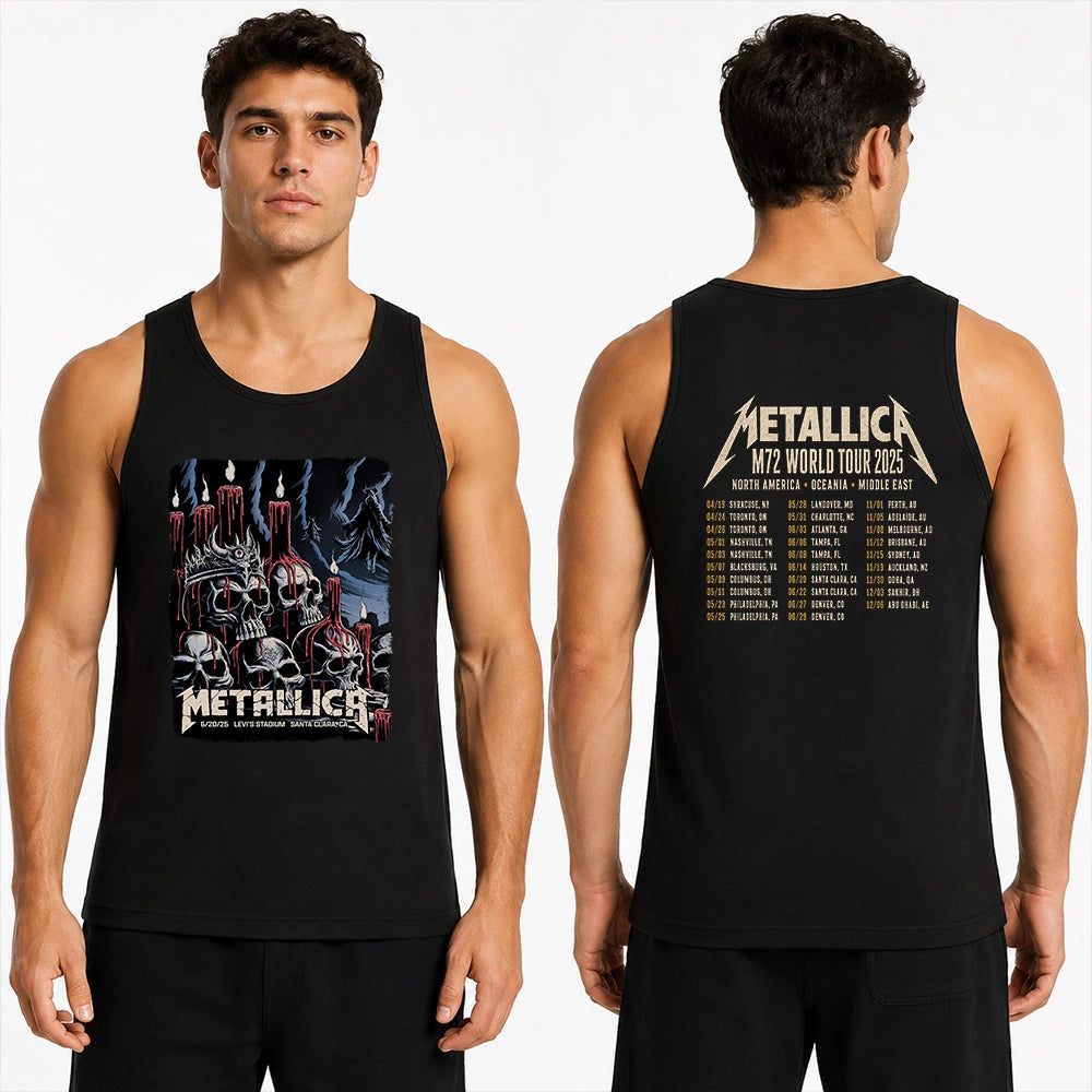 Metallica M72 World Tour June 20 2025 Levi's Stadium Santa Clara California United States 2 side T-shirt by Brandon Heart featuring skulls, melting red candles, a horned skull altar, ghostly cloaked figures, dark smoke and M72 tour back print.