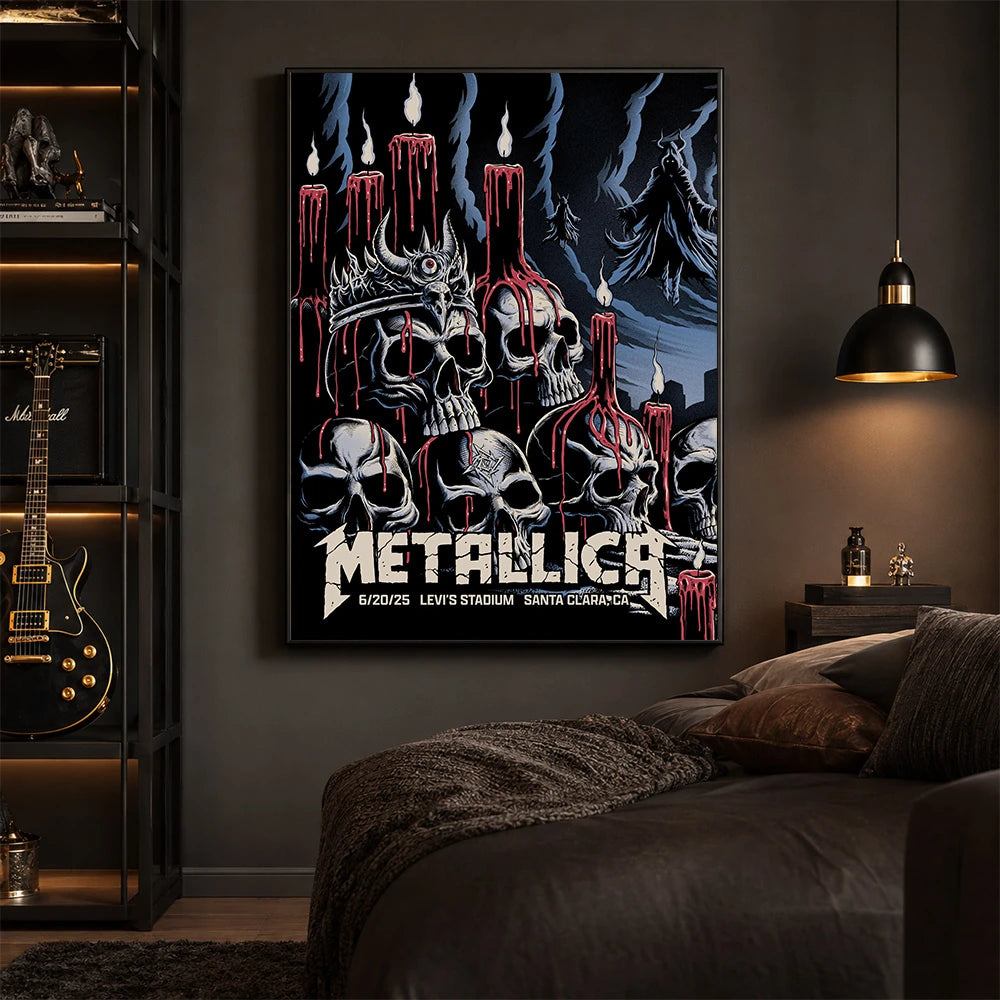 Metallica M72 World Tour June 20 2025 Levi's Stadium Santa Clara California United States poster canvas by Brandon Heart featuring skulls, melting red candles, a horned skull altar, ghostly cloaked figures, dark smoke and Santa Clara event text.