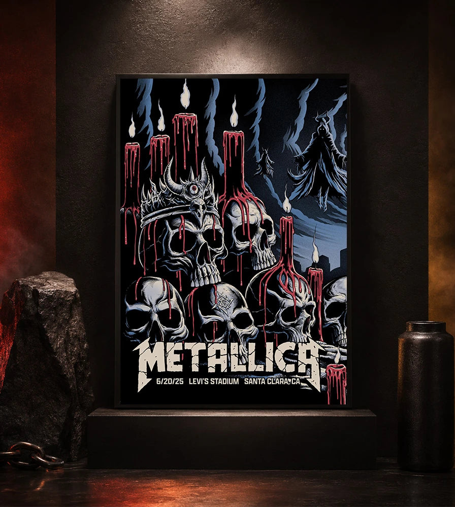 Metallica M72 World Tour June 20 2025 Levi's Stadium Santa Clara California United States poster canvas by Brandon Heart featuring skulls, melting red candles, a horned skull altar, ghostly cloaked figures, dark smoke and Santa Clara event text.