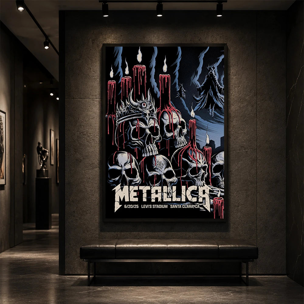 Metallica M72 World Tour June 20 2025 Levi's Stadium Santa Clara California United States poster canvas by Brandon Heart featuring skulls, melting red candles, a horned skull altar, ghostly cloaked figures, dark smoke and Santa Clara event text.