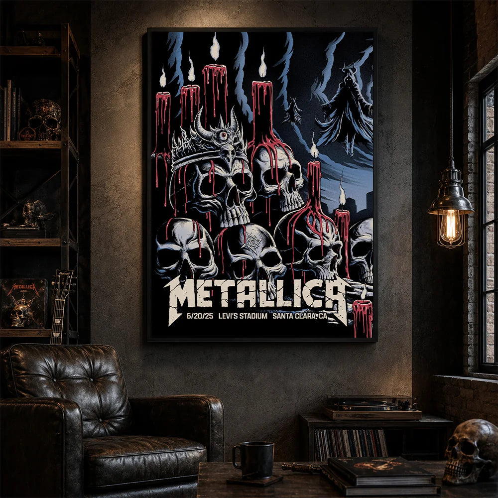 Metallica M72 World Tour June 20 2025 Levi's Stadium Santa Clara California United States poster canvas by Brandon Heart featuring skulls, melting red candles, a horned skull altar, ghostly cloaked figures, dark smoke and Santa Clara event text.
