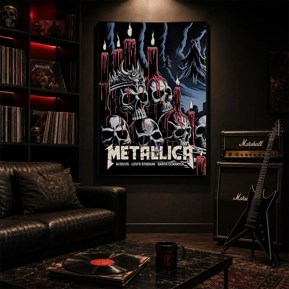 Metallica M72 World Tour June 20 2025 Levi's Stadium Santa Clara California United States poster canvas by Brandon Heart featuring skulls, melting red candles, a horned skull altar, ghostly cloaked figures, dark smoke and Santa Clara event text.