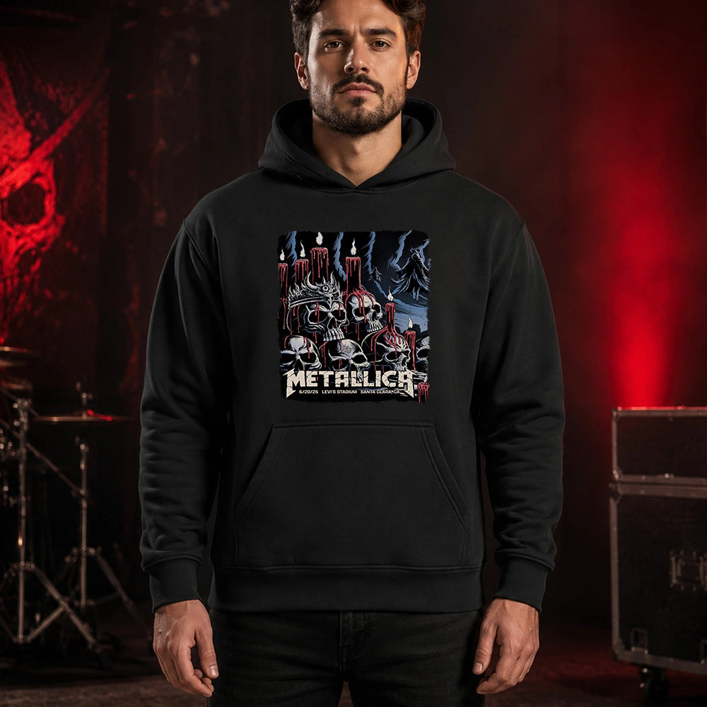 Metallica M72 World Tour June 20 2025 Levi's Stadium Santa Clara California United States T-shirt by Brandon Heart featuring skulls, melting red candles, a horned skull altar, ghostly cloaked figures, dark smoke and Santa Clara event text.