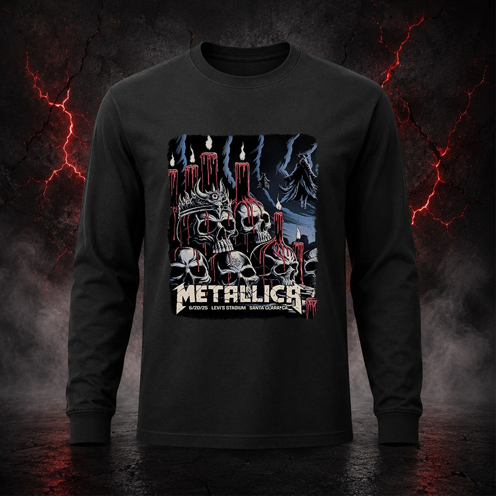 Metallica M72 World Tour June 20 2025 Levi's Stadium Santa Clara California United States T-shirt by Brandon Heart featuring skulls, melting red candles, a horned skull altar, ghostly cloaked figures, dark smoke and Santa Clara event text.