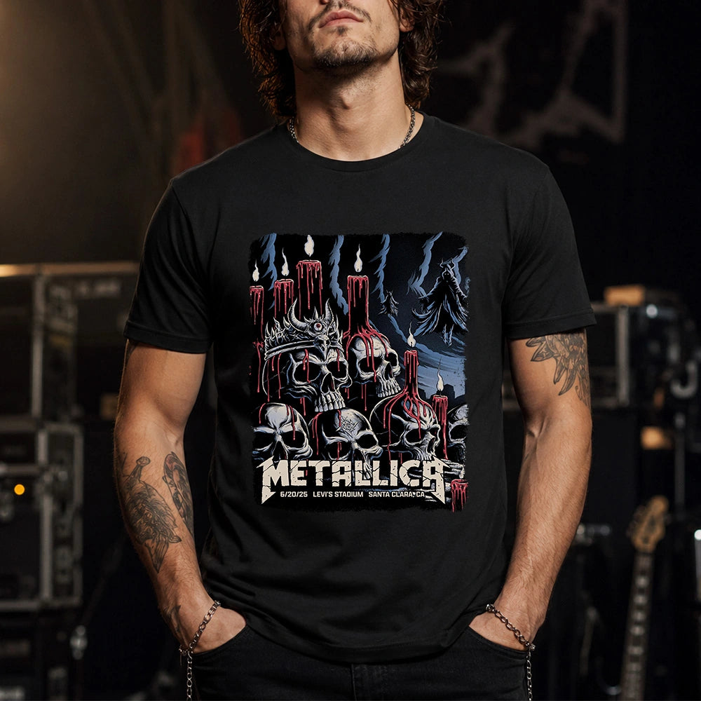 Metallica M72 World Tour June 20 2025 Levi's Stadium Santa Clara California United States T-shirt by Brandon Heart featuring skulls, melting red candles, a horned skull altar, ghostly cloaked figures, dark smoke and Santa Clara event text.