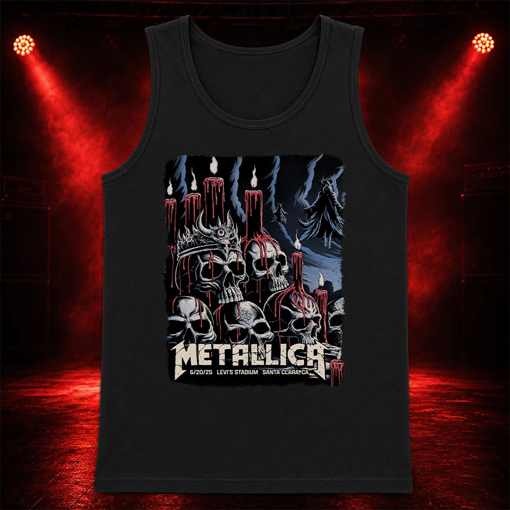 Metallica M72 World Tour June 20 2025 Levi's Stadium Santa Clara California United States T-shirt by Brandon Heart featuring skulls, melting red candles, a horned skull altar, ghostly cloaked figures, dark smoke and Santa Clara event text.