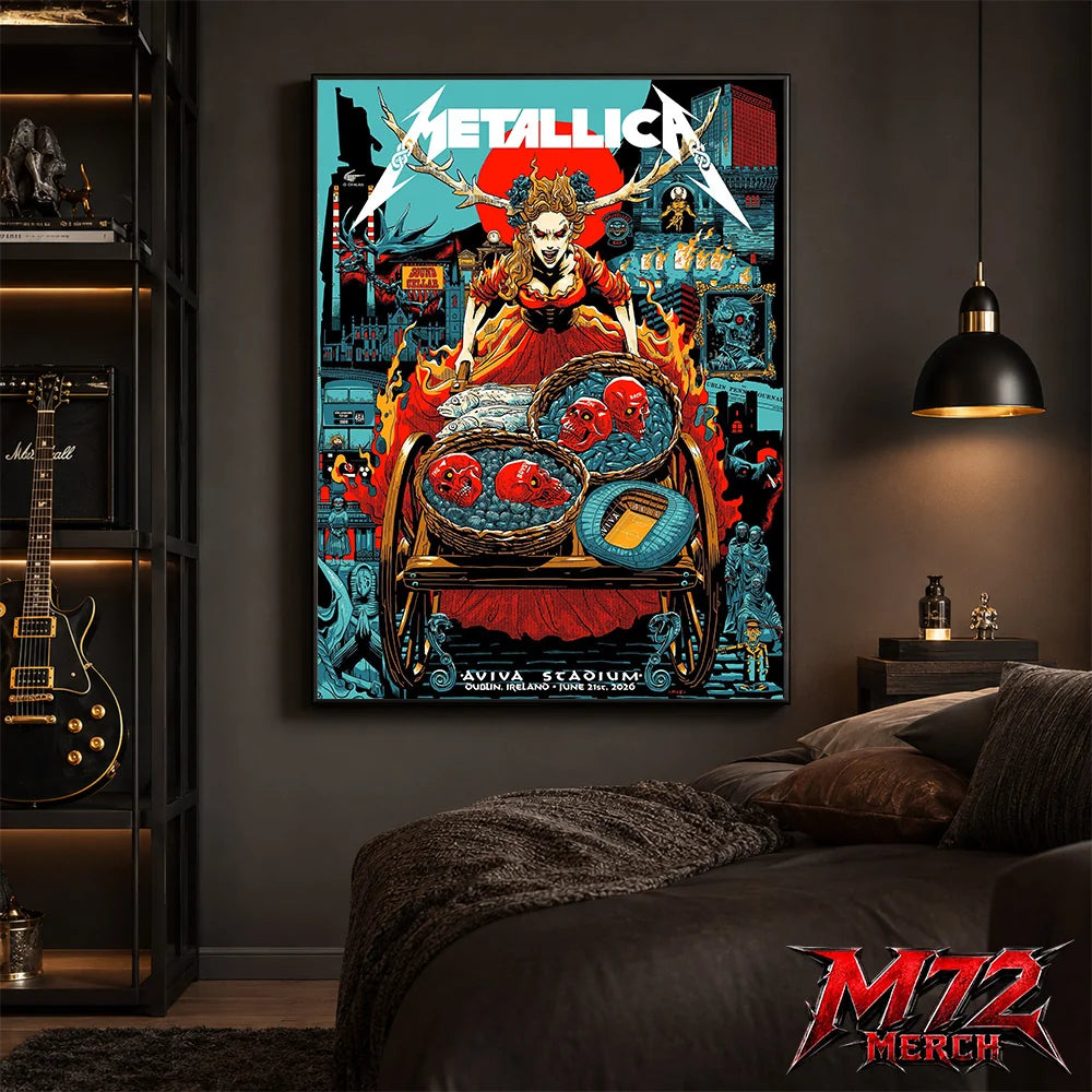 Metallica M72 World Tour June 21 2026 Dublin Ireland Aviva Stadium poster canvas featuring Fire Queen Cart Artwork with fiery queen figure, skull baskets, blue stones, red sun, Dublin city details, gothic characters, and dark fantasy heavy metal artwork