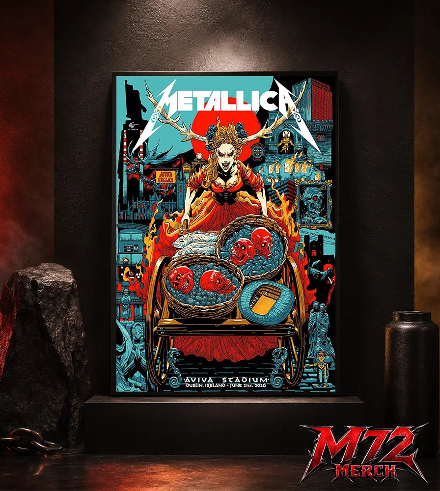 Metallica M72 World Tour June 21 2026 Dublin Ireland Aviva Stadium poster canvas featuring Fire Queen Cart Artwork with fiery queen figure, skull baskets, blue stones, red sun, Dublin city details, gothic characters, and dark fantasy heavy metal artwork