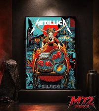 Metallica M72 World Tour June 21 2026 Dublin Ireland Aviva Stadium poster canvas featuring Fire Queen Cart Artwork with fiery queen figure, skull baskets, blue stones, red sun, Dublin city details, gothic characters, and dark fantasy heavy metal artwork
